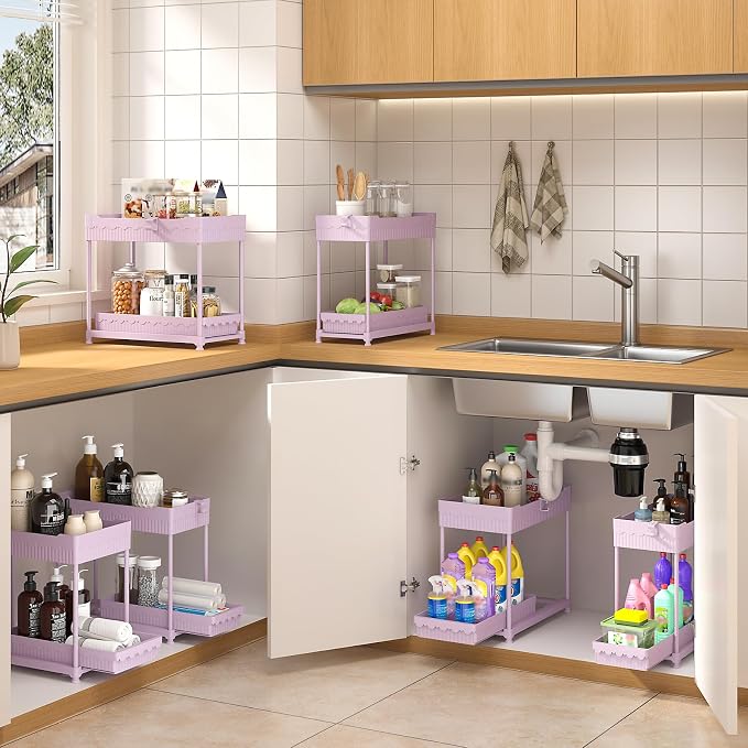 3-Pack 2-Tier Under Sink Organizers with Sliding Drawers | Multi-use kitchen & bathroom storage, 12.8 inch pink cabinet organizer, space-saving sliding drawer design.