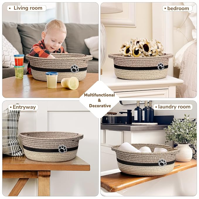Woven Rope Dog Toy Basket with Paw Print, Brown Mix | 12"x 8" x 5" Small Dog Toy Bin & Box with Handles, Fits Living Room Bedroom Nursery Organization, Gift Basket Empty for Pets