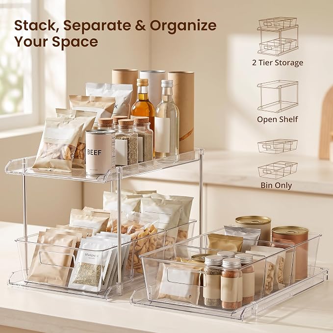 Bathroom Under Sink Organizers and Storage, 2 Tier, 1 Pack | Clear Vanity Countertop Pull-out Cabinet Organizer, Stackable Multi-Purpose Kitchen Pantry Organization with Dividers