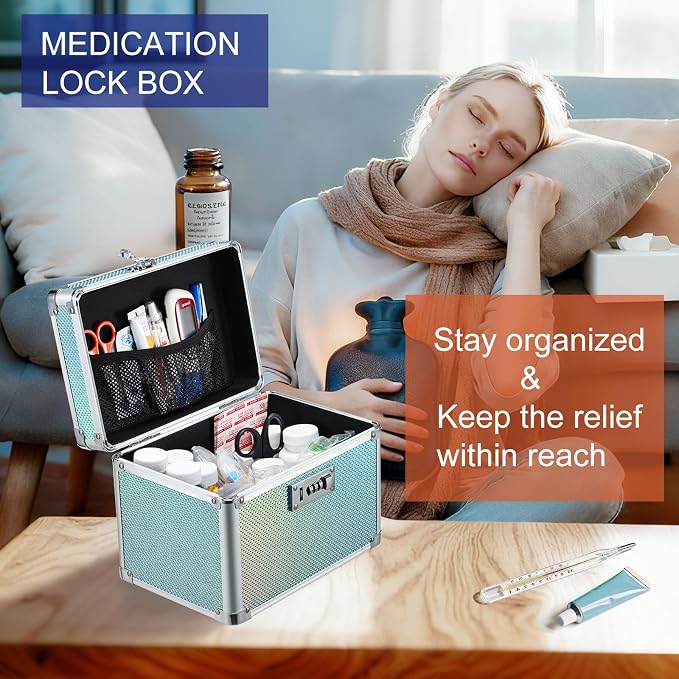 Lockable Medicine Storage Box - Turquoise Cabinet Med Lock Organizer, 10 x 7 x 7.9 Inches Safe Med Case with Lock for Home, Dorm, Office, or Travel