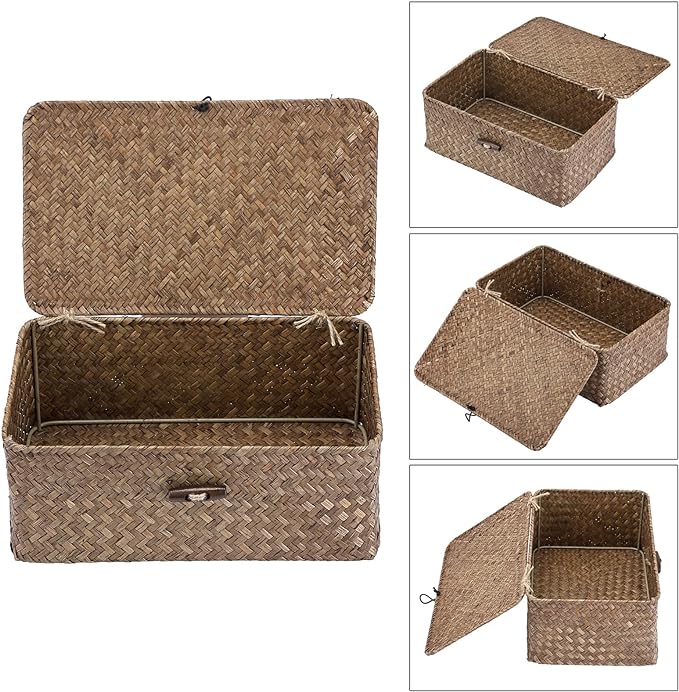 Hipiwe Wicker Shelf Baskets Bin with Lid Small Handwoven Storage Basket Box | Natural Seagrass Basket Bins Rectangular Household Basket Boxes for Shelf Wardrobe Home Organizer, Coffee