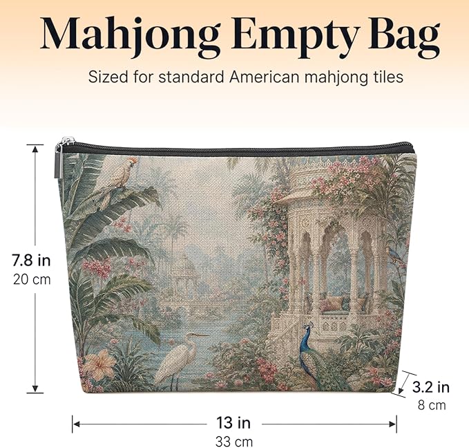 Chinoiserie Tropical Plant Peacock Empty Mahjong Tile Bag 13x7.8in | French Country Flower Garden Heron Printed Portable Organizer Zipper Pouch for American Mahjong Tiles Accessories and Gifts