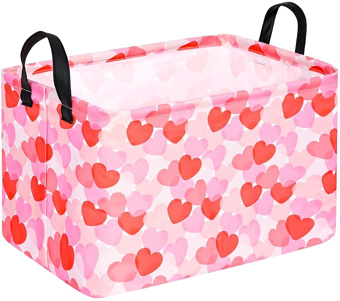 Rectangular Valentines Basket Storage Bin for Shelves Girls Gifts Baskets Foldable Box with Handles for Home Office Car Dormroom Valentine's Day Party Supplies