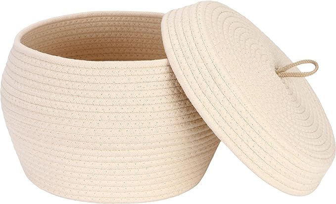 Sea Team Round Woven Cotton Rope Storage Basket with Lid, Cream | Lidded Knitted Decorative Storage Bin, Pot, Caddy, Organizer, Container for Snacks, Towels, Plants, 13 x 9 Inches
