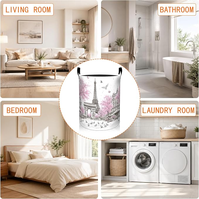 Eiffel Tower Laundry Basket, Paris Street Cherry Blossom Oxford Cloth Dirty Clothes Collapsible Hamper for Room Decor, Travel Gifts, Toy Organizer 19.7 x 15.7 Inches for Bedroom Bathroom Dorm