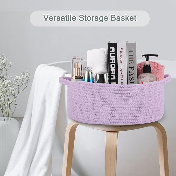 COMSE Empty Small Gift Basket with Bag & Ribbons, Purple | Cotton Rope, 12"x 8"x 5", Baby Toy Organizer, Stores Small Items for Bedrooms, Nurseries, Bathrooms, Living Rooms, Offices
