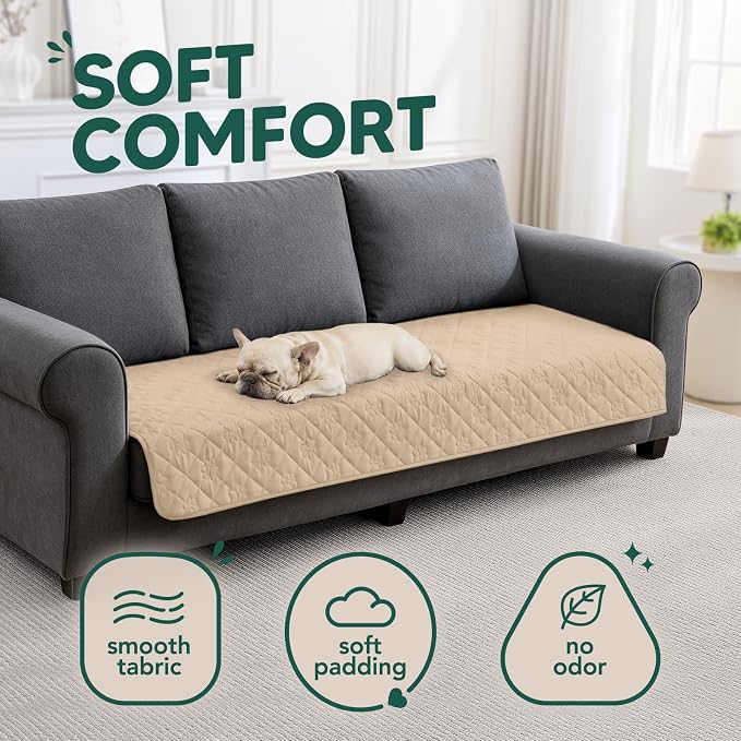 PAWFINITY Waterproof Couch Covers for Dogs, Pet Blanket for Sofa Washable | Paw Print Quilted, Hair Resistant, Anti Cat Scratch, Pee Proof Furniture Protector for 3 Seat Sofa and Bed, 30x80 Inch, Beige