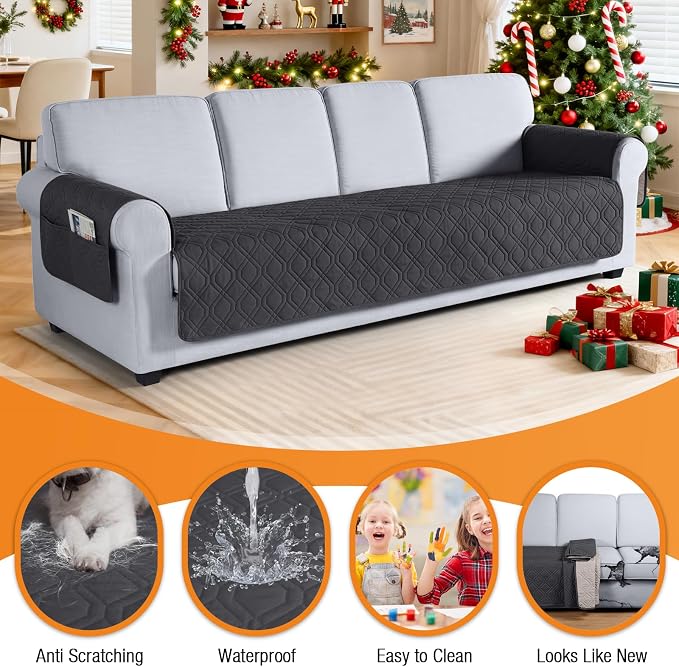 VANSOFY Waterproof Oversized Couch Cover for Pets, Charcoal Gray, 78.7" | Non-Slip, Washable, Utility Pockets, Pet Friendly, Furniture Protector Slipcover for 4 Cushion Couch