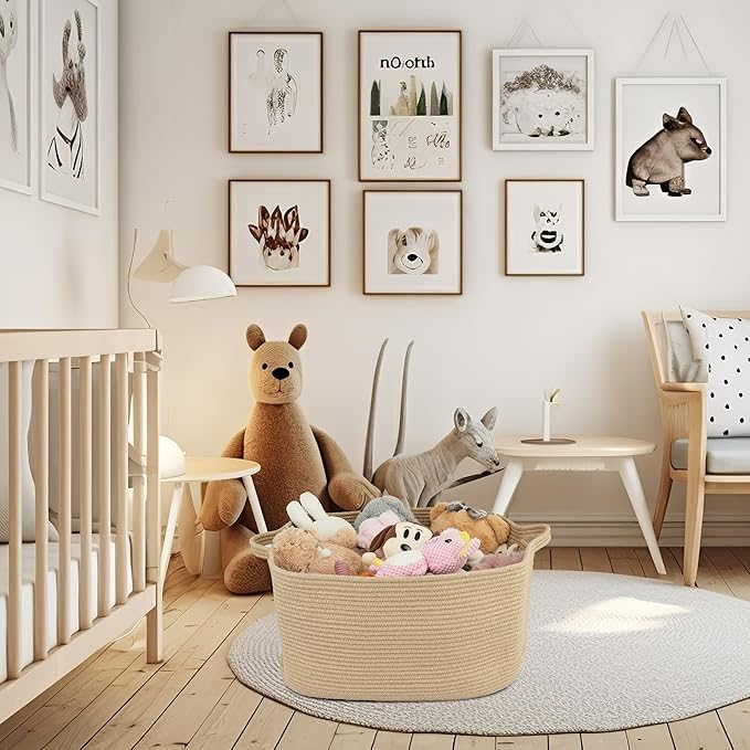 XUANGUO Large Rectangle Woven Jute Rope Storage Basket 22"x17"x12" | Storage basket for living room and nursery; blanket basket, dog toy storage, or laundry basket for clothes and towels.