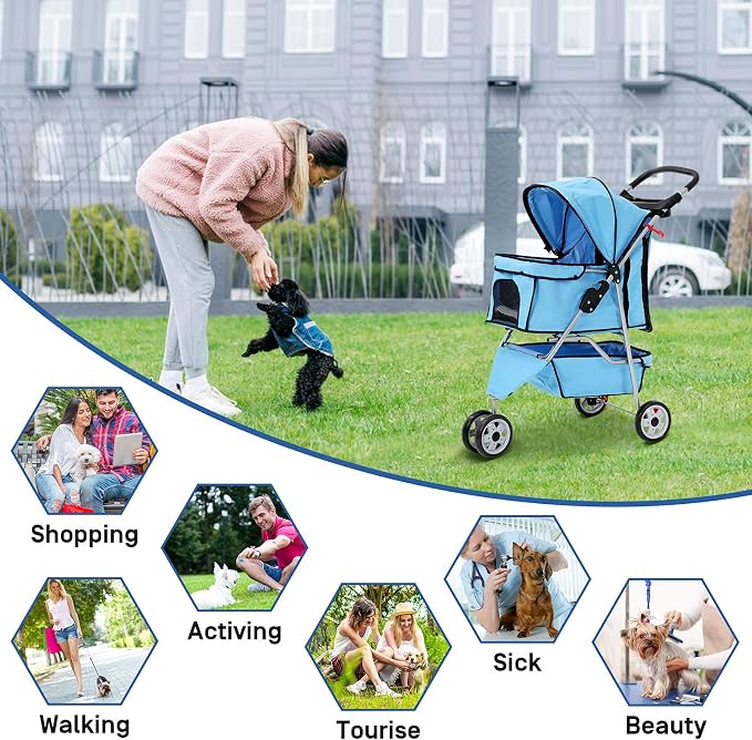 Best 3 Wheels Pet Stroller for Dog Stroller Cat Stroller, Lightweight and Foldable Pet Jogger Stroller, Carrier Strolling Cart W/Cup Holders Removable Liner for Small and Medium Dog Cat or Pet - Blue