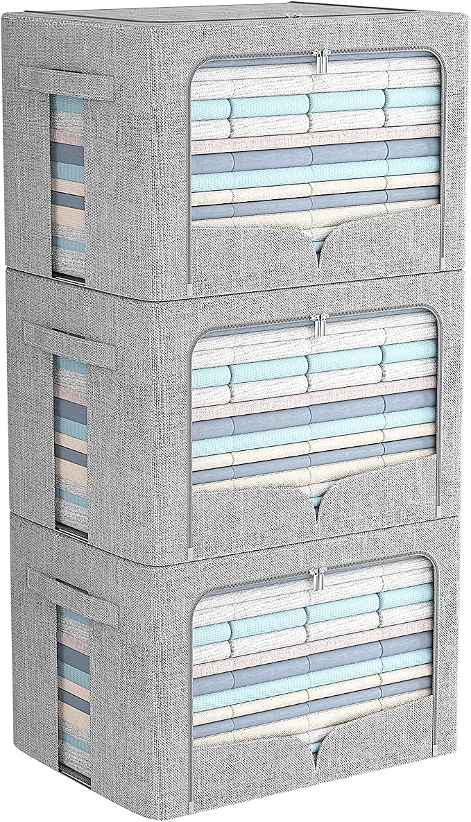 FHSQX 3 Pack Clothes Storage Bins with Metal Frame-36L | 15.7x11.8x11.8inch,Portable, Large Clear Window, Stackable, Durable Handles, Foldable, Linen Fabric