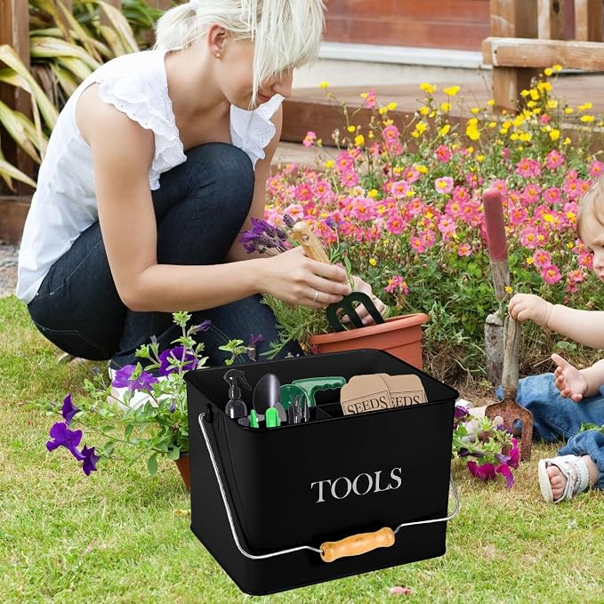 Garden Tool Organizer - Metal Caddy With 3 Compartments, Portable Basket With Handle, Kit Holder Empty, Storage for Indoor and Outdoor Use - Black