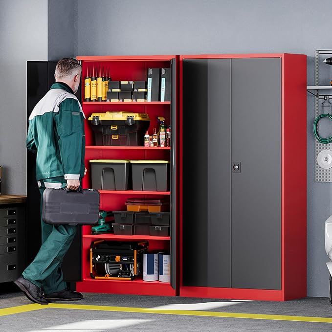 Metal Storage Cabinets with Lock, 71" Tall Locker Organizer Steel Cabinets, Adjustable Shelves 2 Doors for Home, Office, Warehouse,Garage,Industrial,Employee Lockers (Style B, Black Red)