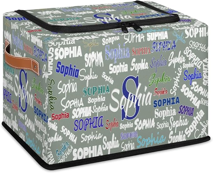 Custom Name Storage Bin with Lid Zipper, Personalized Dark Matcha Green Rectangular Storage Basket with Handles for Organizing Girls Toys Office Closet Shelf Baskets