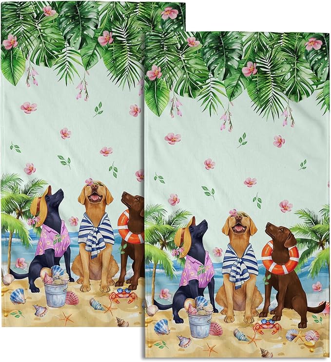 Giwawa Summer Dogs Hand Towel Set of 2, Funny Ocean Beach Coastal Puppy Towel, Tropical Palm Tree Leaf Floral Face Towel Quick Drying Dish Wash Cloth for Hotel Bathroom Gym Home Spa Decor