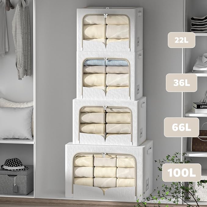 FHSQX 3 Pack Clothes Storage Bins with Metal Frame | Cream White, 23.6x16.5x15.7inch,Foldable, Stackable Linen Fabric, Carrying Handles, Clear Window