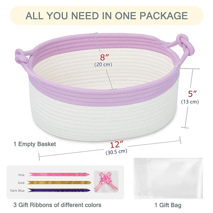 COMSE Small Gift Basket Empty with Bag & Ribbons, Purple & White | Cotton Rope, 12"x 8"x 5", Pet Toy Storage Organizer, Woven Basket for Birthdays, Baby Showers, Mother’s Day, Valentine’s Day