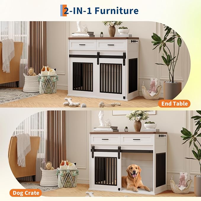 44.5'' Dog Crate Furniture with Hook and Storage Drawer, Wooden Dog Kennel with Sliding Barn Door Indoor Furniture Style Dog Crates End Table for Medium/Small Dogs (White)