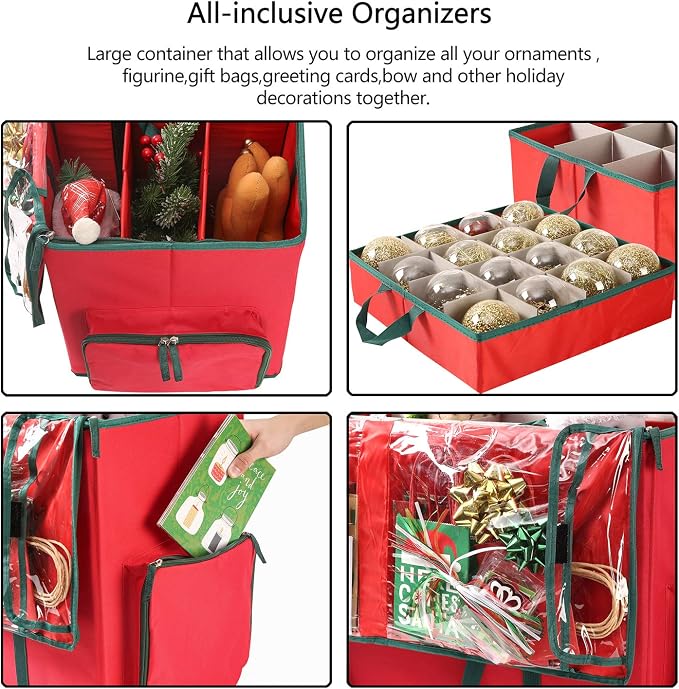 Sattiyrch Large 2-in-1 Christmas Ornament Storage Box & Xmas Figurine Container - Easy Access Removable Trays, Keeps 73 Holiday Ornaments - Adjustable Extent Area for Figurines and Pockets