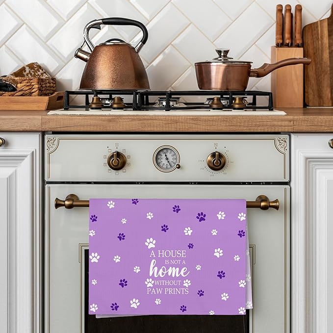Purple Paw Farmhouse Kitchen Towels Decor Gifts for Women Pet Lovers, A House is Not A Home Without Paw Prints Decorative Bathroom Towels, Funny Dish Hand Towels for Kitchen Drying 16x24 Inch