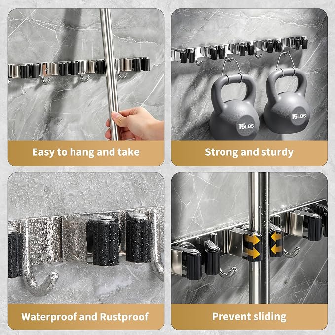 Broom Holder Wall Mount, Mop Organizer, 5 Racks, 4 Hooks, Heavy Duty | Rust-Resistant Stainless Steel, Non-Slip Grip, Adhesive or Screw Mount for Garage, Laundry Room and Garden Use, 1 Pack,Silver