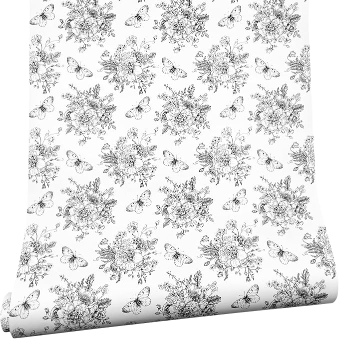 Easy Apply Shelf Liner Removable Furniture Paper Decorative Workspace Organizers Sofa Tables, Black-White Peony Butterfly, 17.7 Inch by 9.8 Feet
