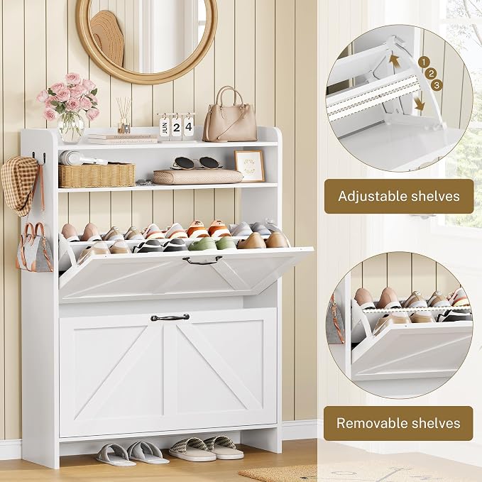 Shoe Storage Cabinet with 2 Flip Drawers for Entryway,Hallway | 9.4"Deep,Freestanding Shoes organizer,Adjustable & Removable Shelves,2 Hooks,Anti-tip Device,White