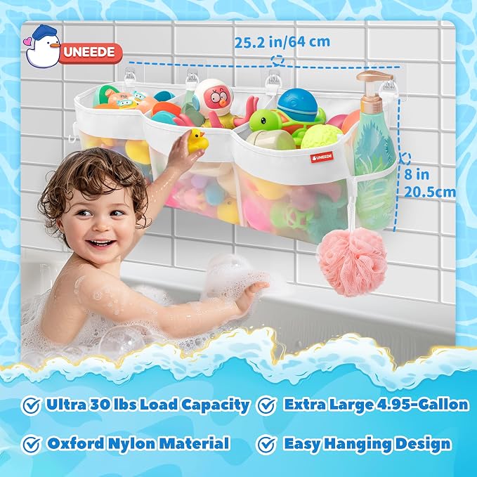 UNEEDE 4.95 Gallons 3 Compartment Horizontal Bath Toy Storage | Extra Large Capacity,Mesh Quick Dry Bathtub Storage and Organizer,Easy Access Baby Bath Toy Holder Shower Caddy