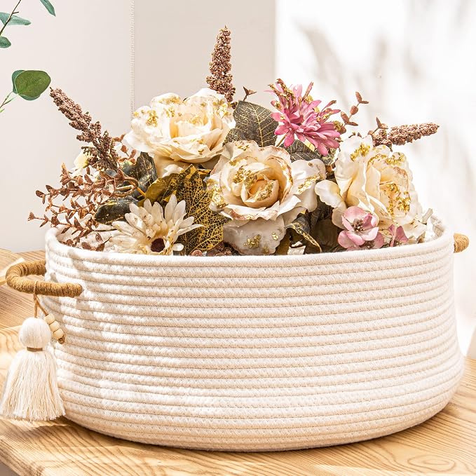 KAKAMAY Woven Baskets for Storage(16"x8"),Blanket Basket for Organizing Living Room,Cotton Rope Basket Woven Baby Laundry Hamper,Collapsible Laundry Room Organization,Clothes,Toy Chest(White)