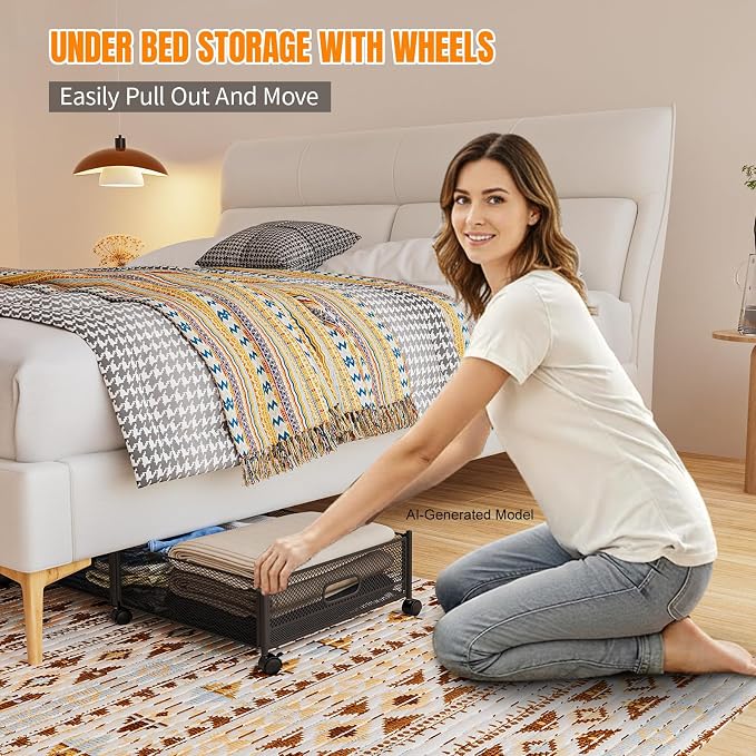 Under Bed Storage With Wheels, 47.2''/90lbs/57.6L, Metal Frame Under Bed Rolling Storage, Tool-Free Assembly Underbed Drawers, Underbed Organizer Containers for Shoes, Clothes and Toys (2 Pack)