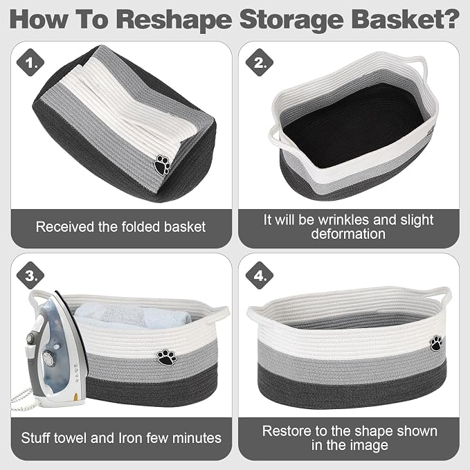 Optish 25L Dog Toy Basket,16.5" x 11" x 9" Medium Toy Storage Box and Bin with Handles, Woven Rope Foldable Basket for Blankets, Living Room, Bedroom, Home Decor, White & Grey