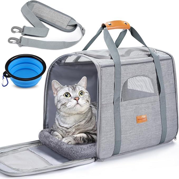 Morpilot Pet Carrier for Large Cats, Puppies & Small Dogs Up to 25lbs | Escape-Proof with Locking Zippers, Dual-Sided Cushion, Safety Buckle for Car &Vet Travel, Includes Foldable Bowl (Light Gray)