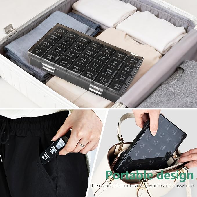 MOLN HYMY Pill Organizer 4 Times a Day, 7 Day Weekly Pill Box with 28 Big Compartments, Portable Travel Medicine Planner for Vitamins, Fish Oils, Supplements (Black, Large)