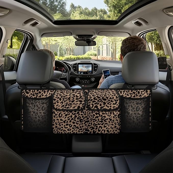 Dreaweet Brown Leopard Print Trunk Organizer for Car Women Backseat Hanging Organizer with 4 Pockets Cheetah Print Car Accessories Interior Foldable Car Seat Storage Bag for Cars SUV Trucks Sedan