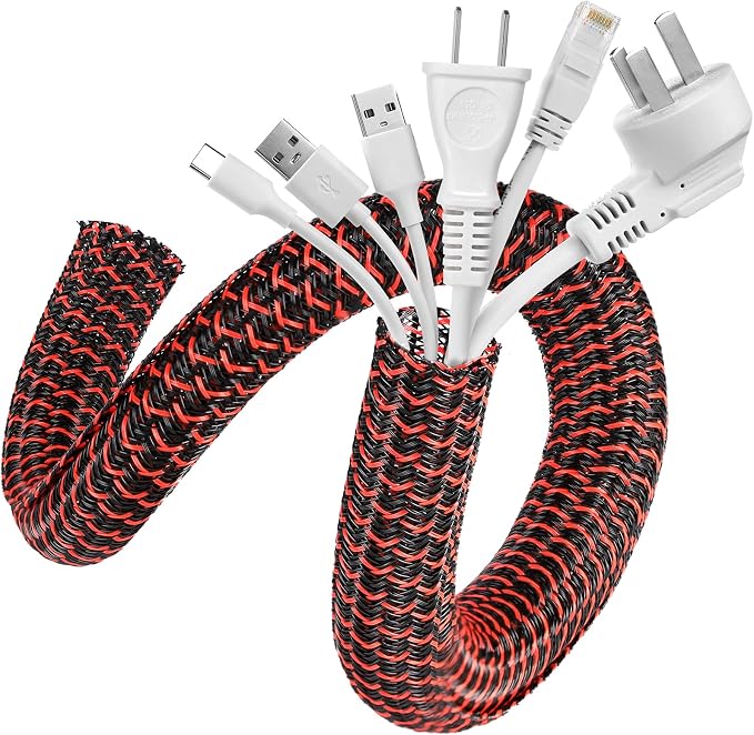 AGPTEK Cable Sleeve, 10ft - 1.2 inch Cable Management Cord Hider, BlackRed | Desk Cord Cover Organizer Wire Hider for Office Computer TV Wire Loom Tubing Pet-Proof Cord Protector from Cat Dog Chewing