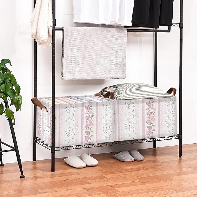 Pink and White Striped Rose Floral Storage Basket Foldable Cube Storage Bin with Handles&Label Collapsible Organizer Box Bin Large Rectangle Decorative Basket for Shelve Home Living Room Closet