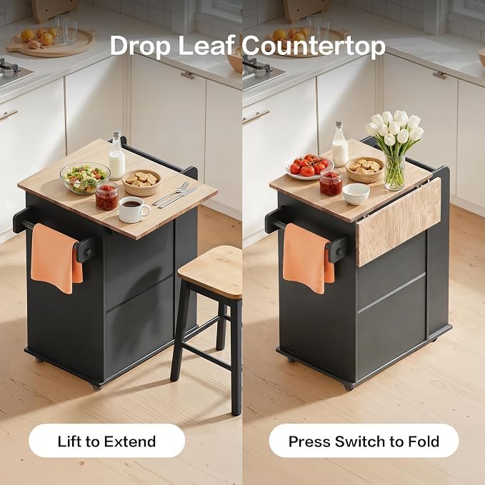 Kitchen Island, Island Table for Kitchen, Kitchen Carts on Wheels with Storage, Hidden Tilt Out Trash Cabinet