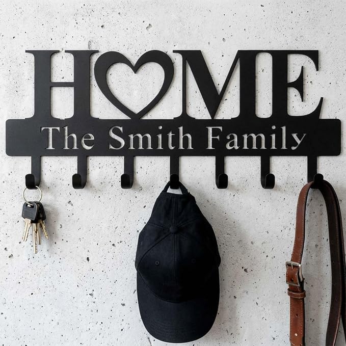 Jceydefy Personalized Key Holder for Wall, Custom Metal Key Hooks with Family Name, Entryway Coat Hook Rack, Leash Collar Hook, Pet Dog Leash Holder, Hooks Organizer