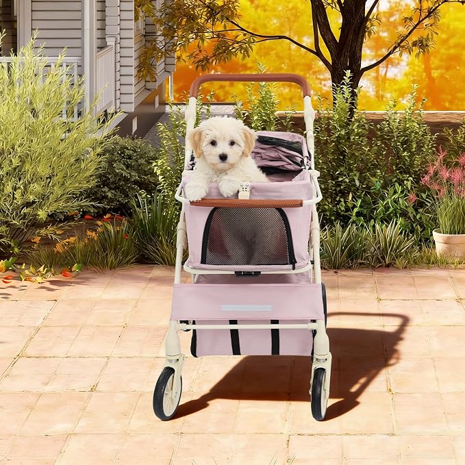 Foldable Double Tier Pet Cart, 360° Swivel Wheel Travel Carrier, Pink | Breathable Oxford Cloth Carbon Steel Frame, Brake Wheels & Pet Friendly Windows For Dog Cat Outdoor Walk Trip