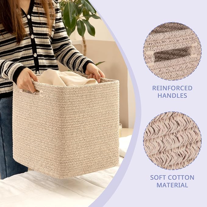 OIAHOMY 3 PACK Cube Storage Bin 13 Inch Collapsible Storage Cube Brown | Cube Storage Organizer Storage Bins for Shelves Baskets for Organizing Woven Rope Storage Baskets