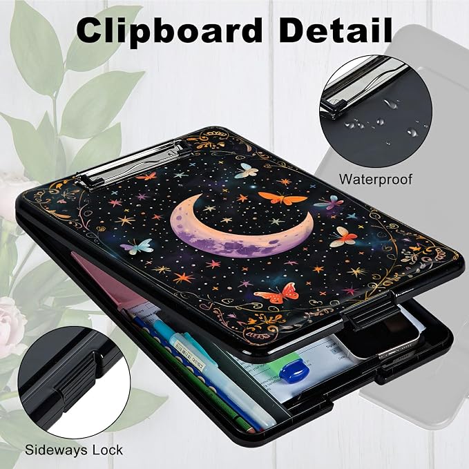 Heavy Duty Storage Clipboard, Slim Nursing Clipboard with Internal Pen Case, Portable File Organizer Case for A4 Letter Size Paper Office Medical Professionals, Butterfly Dark Moon