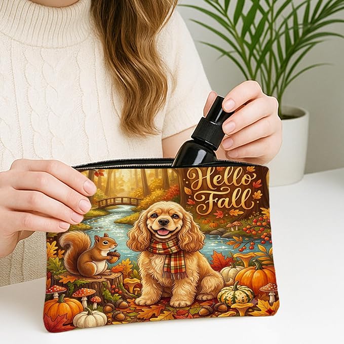 Fall Cocker Spaniel Dog Makeup Bag, Holiday Funny Forest Cosmetic Travel Pouch for Women, Portable Small Canvas Zipper Organizer, Autumn Toiletry Bag 7x9 Inch