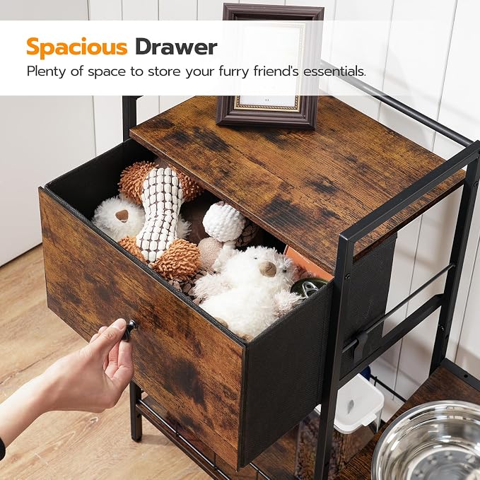 HOOBRO Elevated Dog Bowls Stand with Drawer, Height Adjustable Raised Feeding Station Cabinet with Storage Basket, 4-IN-1 Pet Storage Organizer for Large Medium Breeds, Rustic Brown and Black BF22PO03
