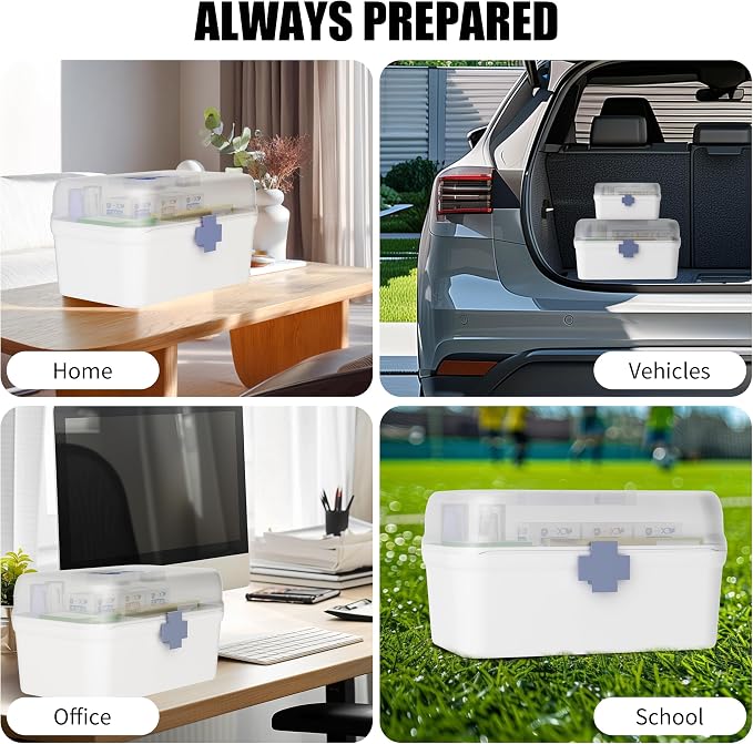 2-Pack Medicine Storage Box Separate Adult Child Medication | See-Through Lid, Prevents Mix-Ups, Small & Large Medicine Cabinet Organizer, Portable First Aid Box with Handle & Tray