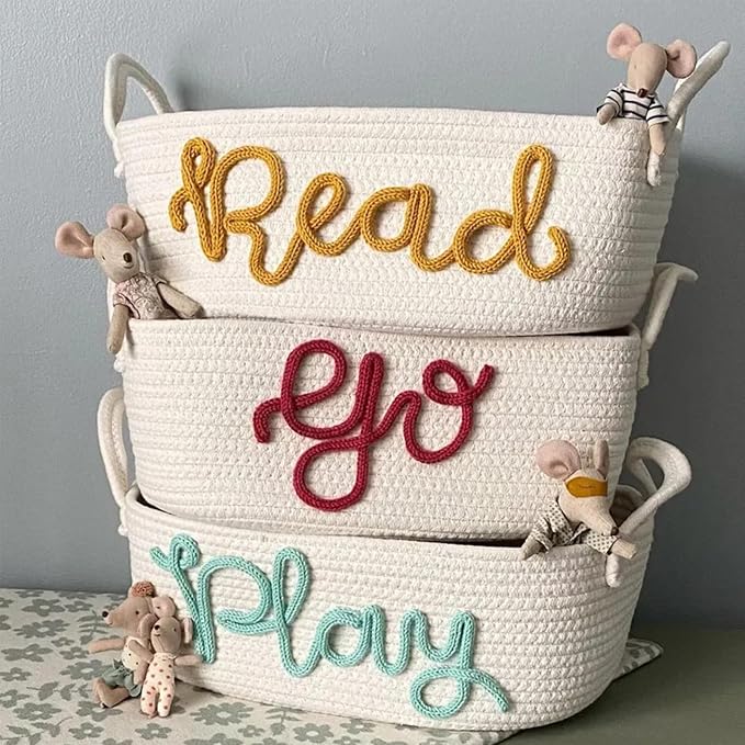 Personalized Baby Name Basket Cotton Rope Basket Diaper Caddy Custom Cotton Rope Room Shelf Storage Basket, Baby Stuff Organizer Storage Bin, Decorative Round Bin for Nursery Bedroom Bathroom(Style A)