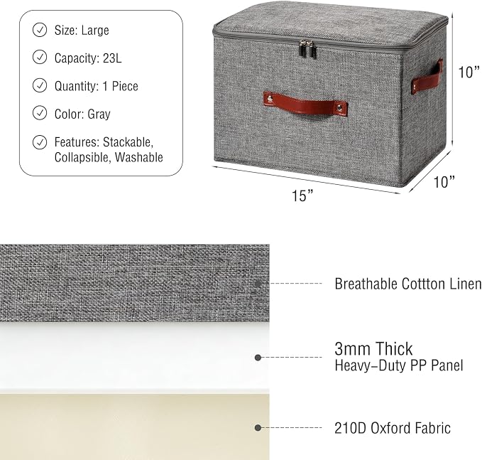 Storage Bin Box with Zippered Lid Decorative Collapsible Basket | Cotton Linen Fabric, Washable Foldable Stackable Clothes Container, Closet Shelf Organizer w/ PU Leather Handles, Gray-Large