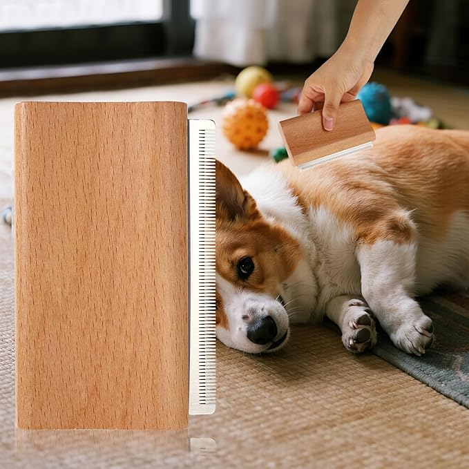 Dog Deshedding Brush, Wooden Pet Kitten Hair Shedding Grooming Brush Tool with Fine Comb Teeth Puppy Kitty Deshedding for Small Medium Large Dog Cat with Long Short Straight and Wavy Fur(Wood Color)