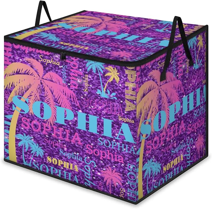 Personalized Name Large Storage Basket with Lid, Bright Purple Sequins Glittering Yellow Blue Palm Trees Storage Bins Quilt Clothes Organizer for Bedroom, Bathroom, Nursery, Shelves, Closets