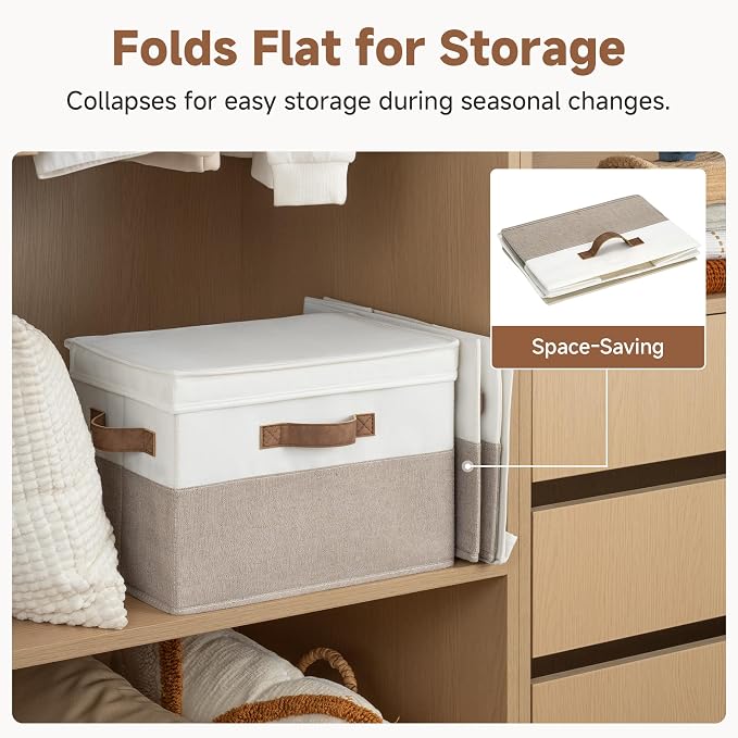 StorageWorks Fabric Storage Bins with Lids, Closet Storage Bins | Flip-Top Lid, 3 Handles, Collapsible, Stackable, for Clothes Blankets, Multi-Purpose, Large, Brown and White, 2-Pack