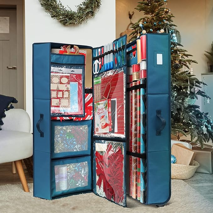 Hearth & Harbor Wrapping Paper Storage Container with Ribbon Dispenser and Interior Pockets - Large Christmas Storage Containers with Wheels, Fits 30 Rolls of 40" Length, Blue